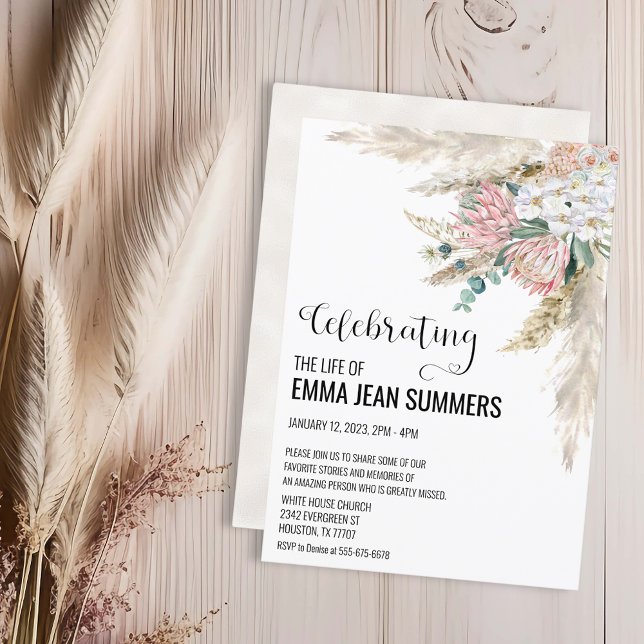 Celebration of Life Boho Floral Pampas Grass  Invitation (Creator Uploaded)