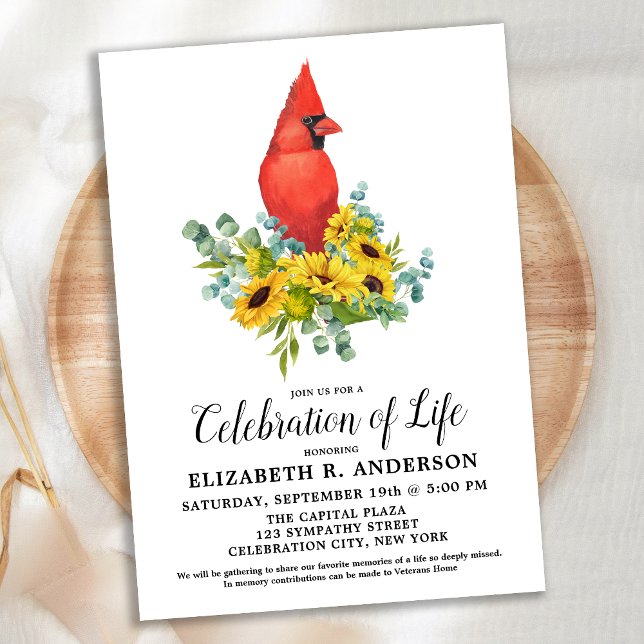 Celebration Of Life Cardinal Sunflowers Memorial Invitation (Creator Uploaded)