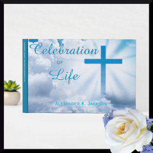 Celebration Of Life Clouds Blue Cross Guest Book