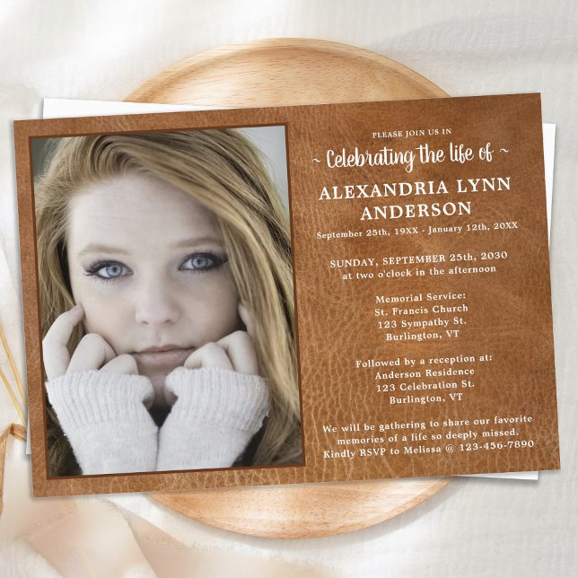 Celebration Of Life Custom Photo Leather Funeral Invitation (Creator Uploaded)