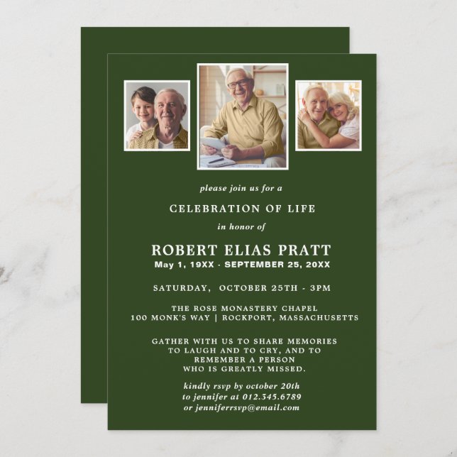 Celebration of Life Dark Green White 3 Photo Invitation (Front/Back)