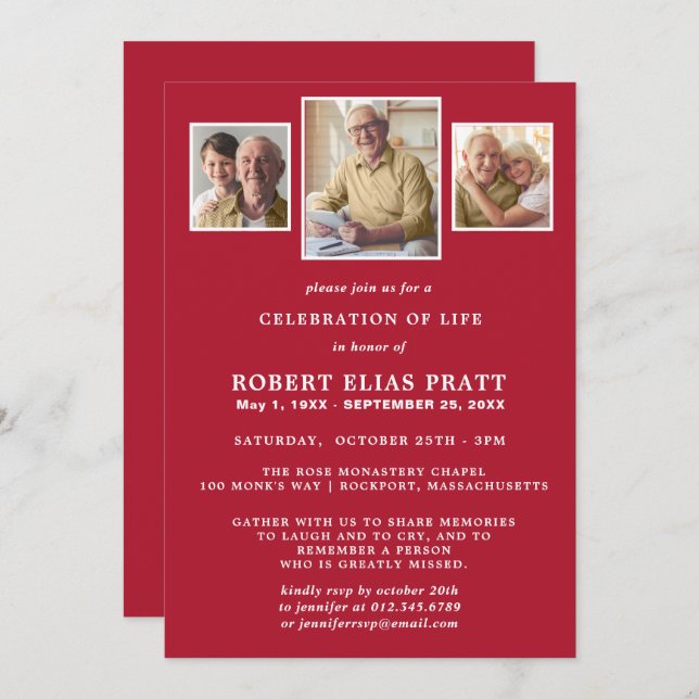 Celebration of Life Dark Red White 3 Photo Invitation (Front/Back)