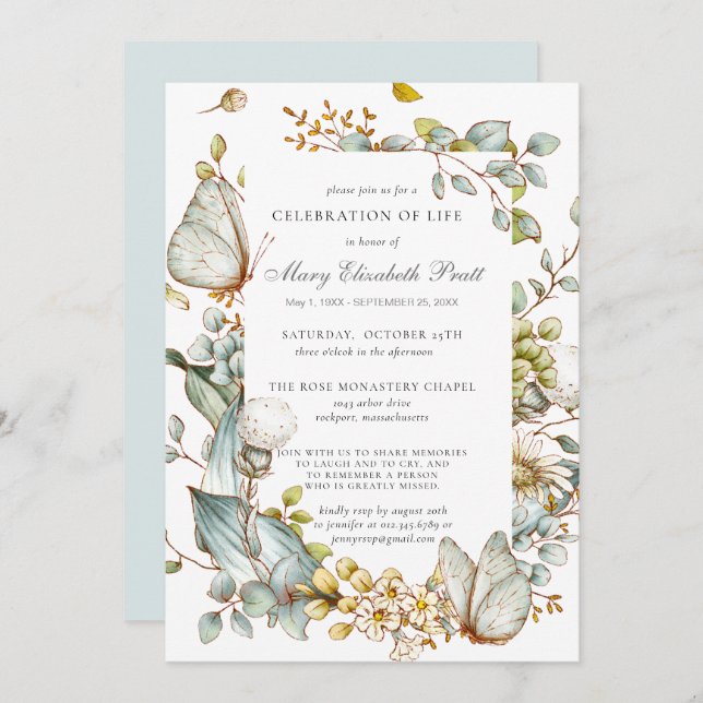 Celebration of Life Dusty Blue Botanical Invitation (Front/Back)