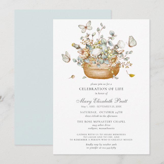 Celebration of Life Dusty Blue Floral Butterfly Invitation (Front/Back)