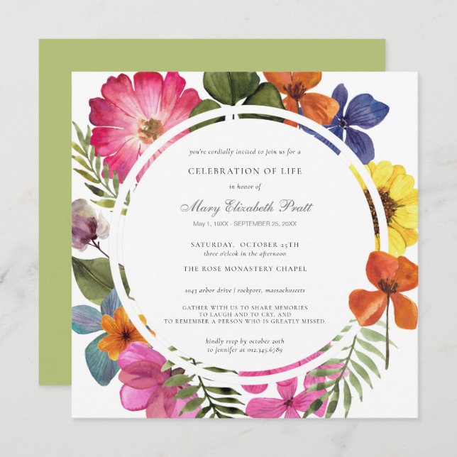 Celebration of Life Dusty Boho Summer Fall Floral Invitation (Front/Back)