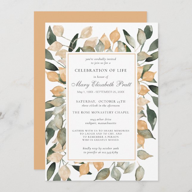 Celebration of Life Dusty Terracotta Botanical  Invitation (Front/Back)