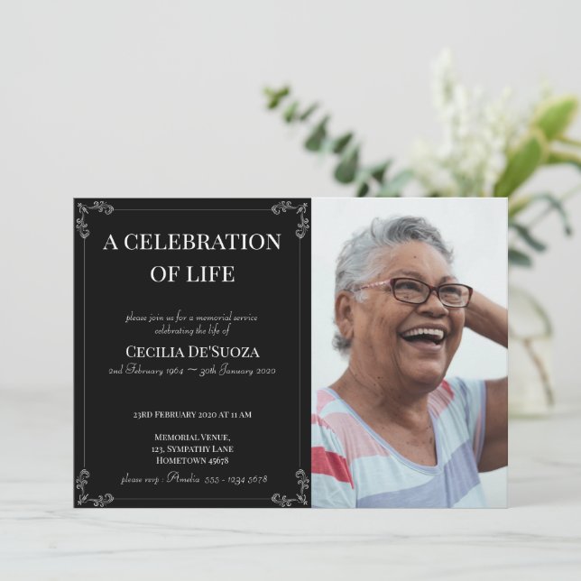 Celebration of Life Elegant Custom Photo Memorial  Invitation (Standing Front)