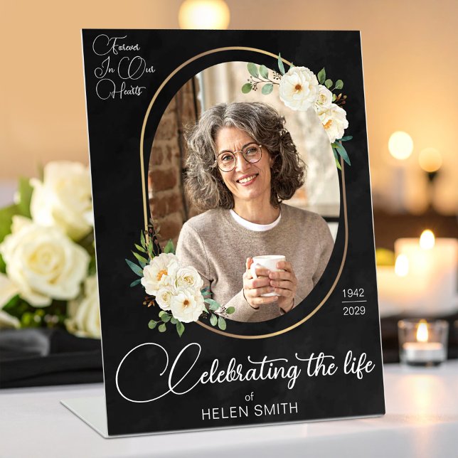 Celebration of Life - Elegant Floral Photo Black Pedestal Sign (Celebration of Life - Funeral Floral Photo Black Pedestal Sign, Loss of Mother Gift)