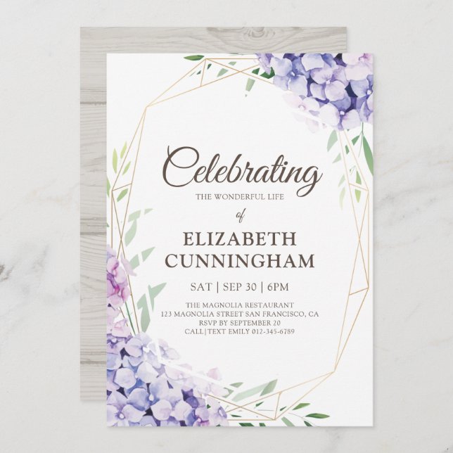 Celebration of Life Floral Flower Geometric Woodsy Invitation (Front/Back)