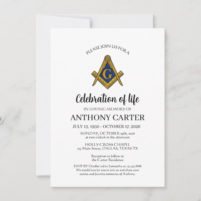 Celebration of Life Freemason Masonic Funeral  Invitation (Front)