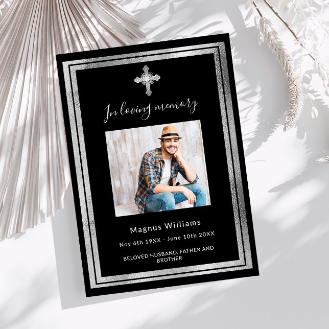 Celebration of life funeral black silver photo invitation (Creator Uploaded)
