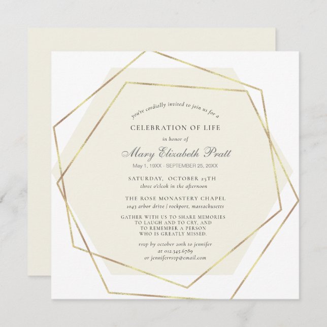 Celebration of Life Funeral Gold Geometric Frame Invitation (Front/Back)