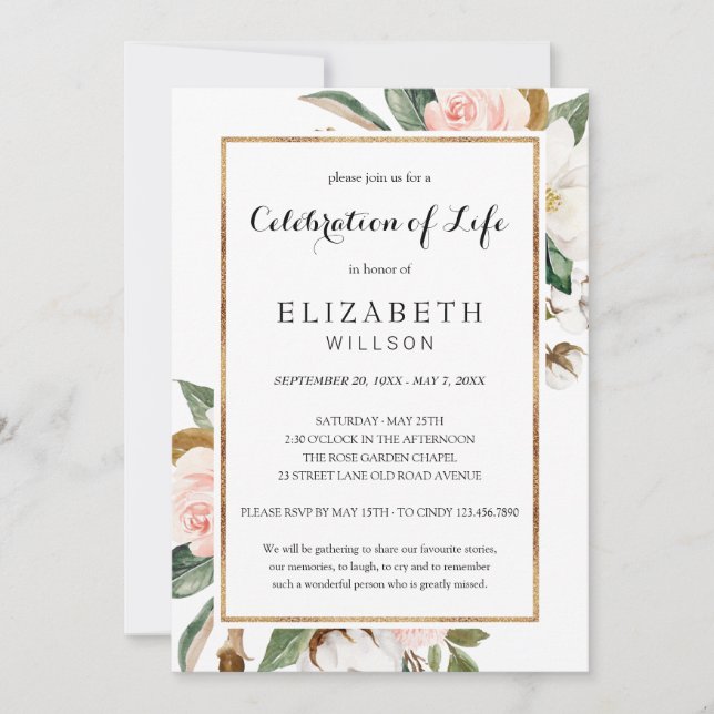 Celebration of Life Funeral Memorial Blush Floral Invitation (Front)