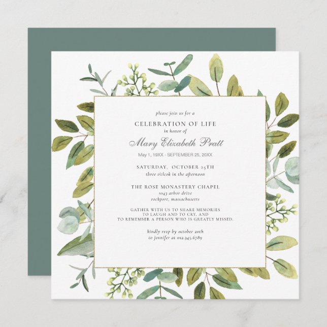 Celebration of Life Funeral Memorial Botanical Invitation (Front/Back)