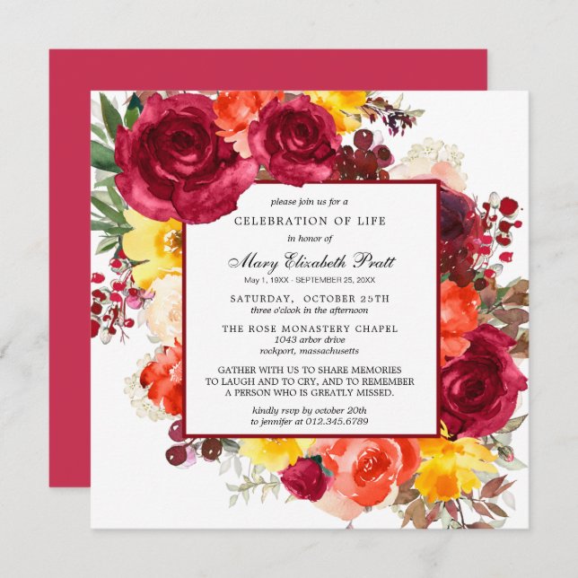 Celebration of Life Funeral Memorial Fall Floral Invitation (Front/Back)