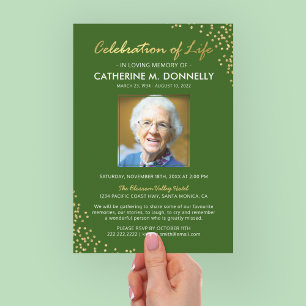 Celebration of Life   Funeral Memorial Green Gold Invitation