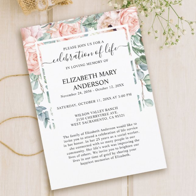 Celebration of Life Funeral Memorial Pink Blush Invitation (Creator Uploaded)