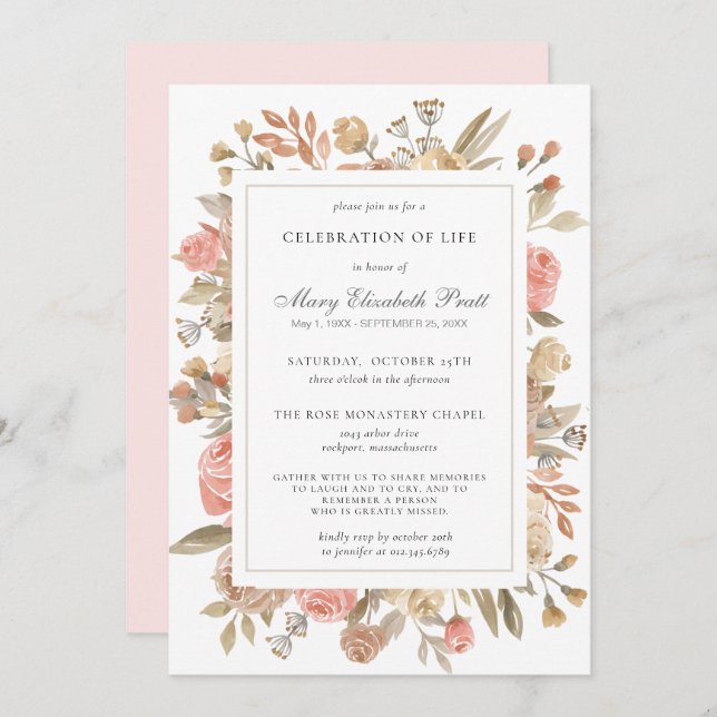 Celebration of Life Funeral Memorial Pink Floral Invitation (Front/Back)