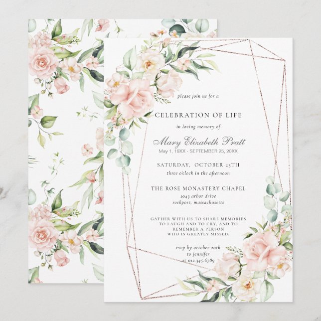 Celebration of Life Funeral Memorial Pink Floral Invitation (Front/Back)