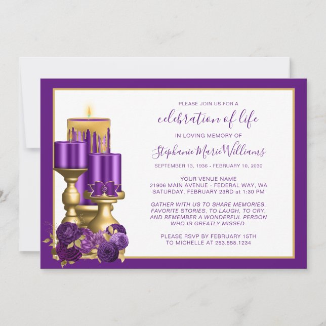 Celebration of Life Funeral Memorial Purple Candle Invitation (Front)