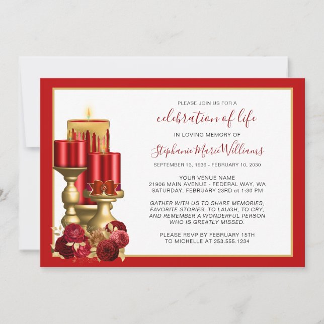 Celebration of Life Funeral Memorial Red Candle Invitation (Front)