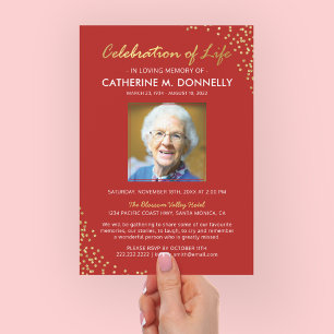 Celebration of Life   Funeral Memorial Red Gold Invitation