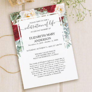 Celebration of Life Funeral Memorial Red Roses Invitation