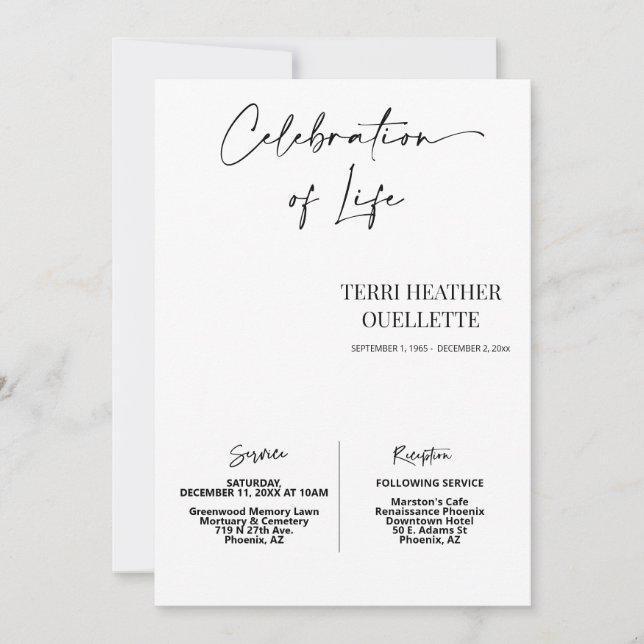 Celebration of Life Funeral Memorial Service Invitation (Front)