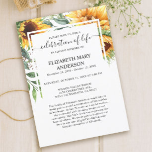 Celebration of Life Funeral Memorial Sunflower  Invitation