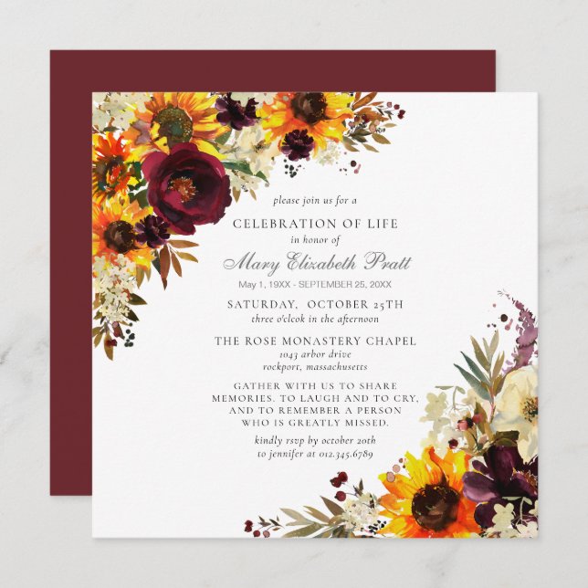 Celebration of Life Funeral Memorial Sunflower Invitation (Front/Back)