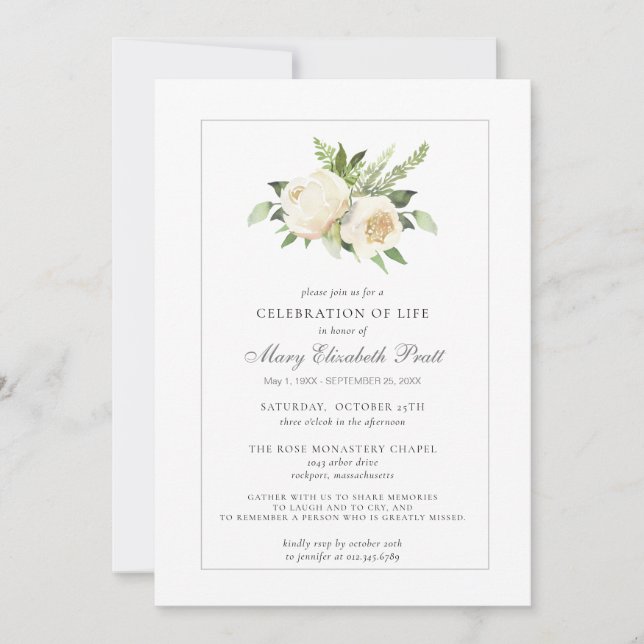 Celebration of Life Funeral Memorial White Floral  Invitation (Front)