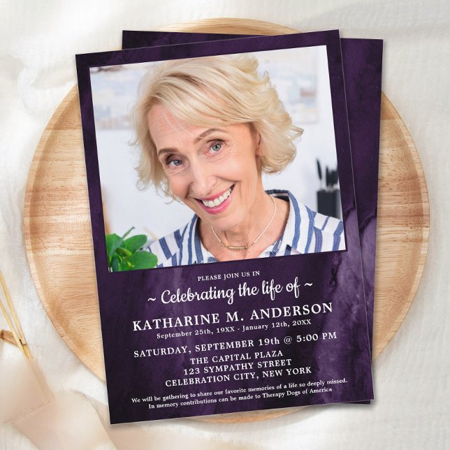 Celebration Of Life Funeral Modern Purple Marble  Invitation (Creator Uploaded)