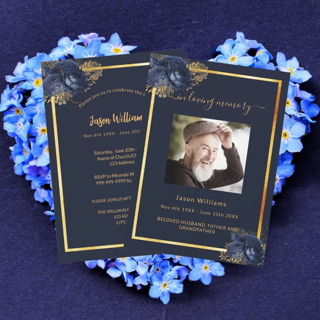 Celebration of life funeral navy blue gold photo invitation (Creator Uploaded)