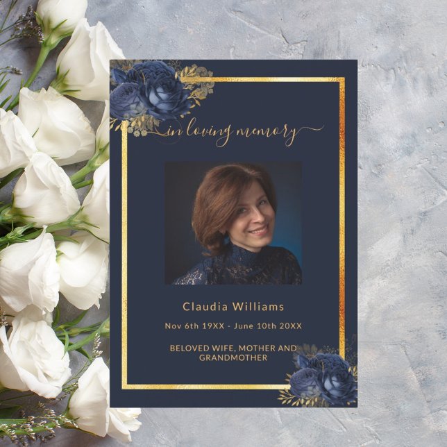 Celebration of life funeral navy blue gold photo invitation (Creator Uploaded)