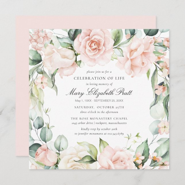 Celebration of Life Funeral Photo Pink Rose Floral Invitation (Front/Back)