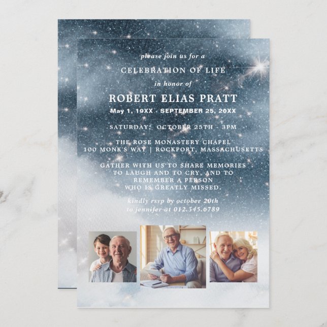 Celebration of Life Funeral Photo Starry Sky Invitation (Front/Back)