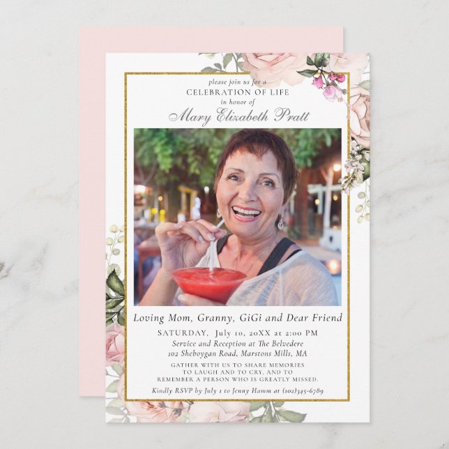Celebration of Life Funeral Pink Floral Photo  Invitation (Front/Back)