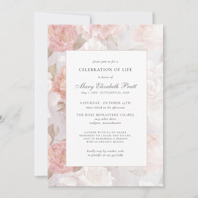 Celebration of Life Funeral Pink Rose Floral Invitation (Front)