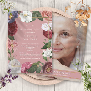 Celebration of Life Funeral Pink Rose Floral Photo Invitation