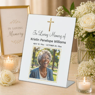 Celebration Of Life Gold Cross Photo Funeral Pedestal Sign