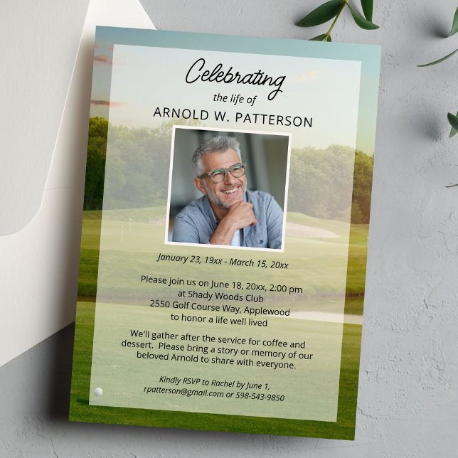 Celebration of Life Golf Themed Photo Funeral Invitation (Creator Uploaded)