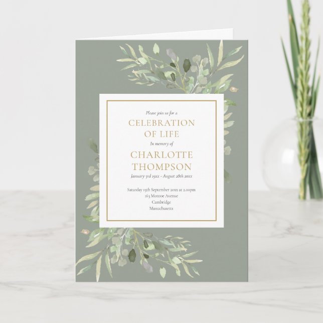 Celebration of Life Greenery Floral Funeral Folded Invitation (Front)