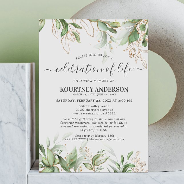 Celebration of Life | Greenery Gold Memorial Invitation (Creator Uploaded)