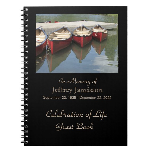 Celebration of Life Guest Book, Red Canoes Spiral Notebook (Front)
