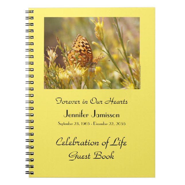 Celebration of Life Guest Book, Yellow Butterfly  Notebook (Front)