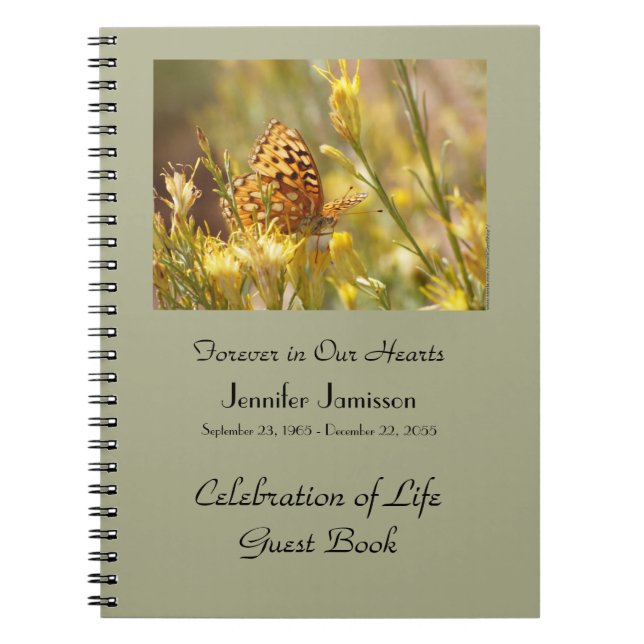Celebration of Life Guest Book, Yellow Butterfly Spiral Notebook (Front)