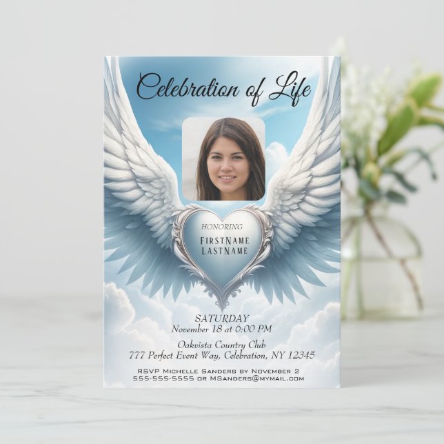 Celebration of Life - Heart and Wings Invitation (Standing Front)