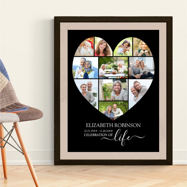 Celebration of Life Heart Shaped 11 Photo Collage Poster (Funeral memorial poster to order professionally printed or as a printable digital download)