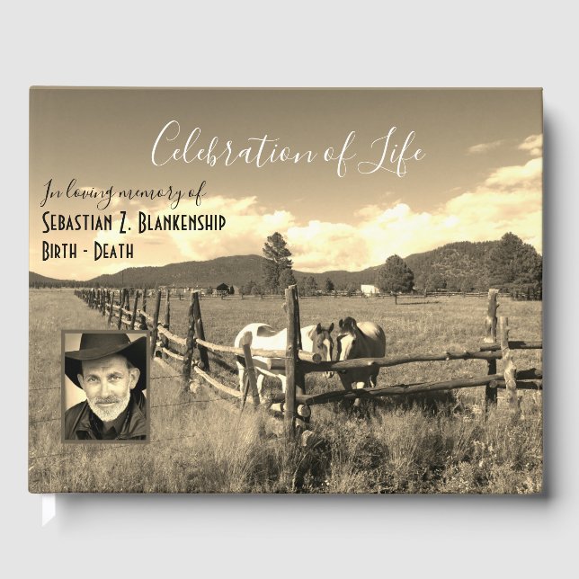 Celebration Of Life Horse Scene Sepia Custom Photo Guest Book (Front)