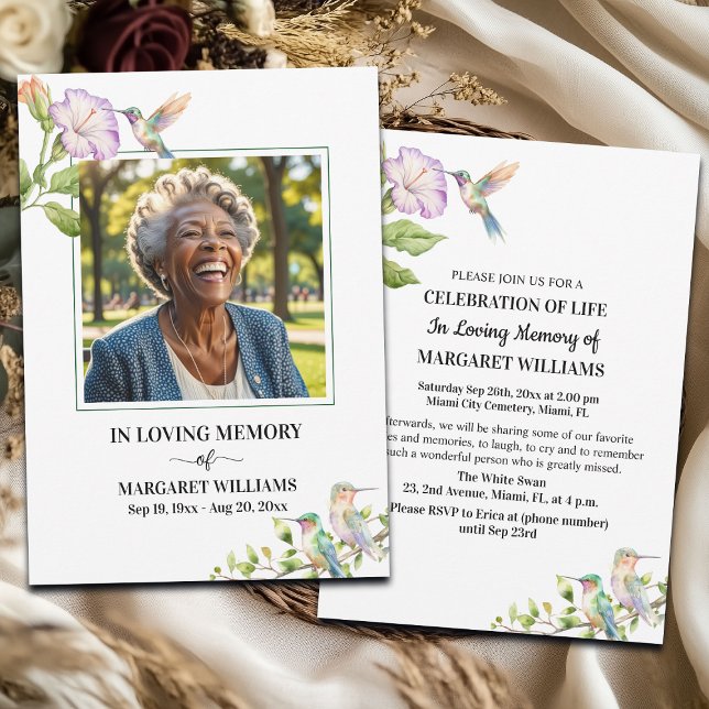 Celebration Of Life Hummingbirds Floral Photo  Invitation (Creator Uploaded)